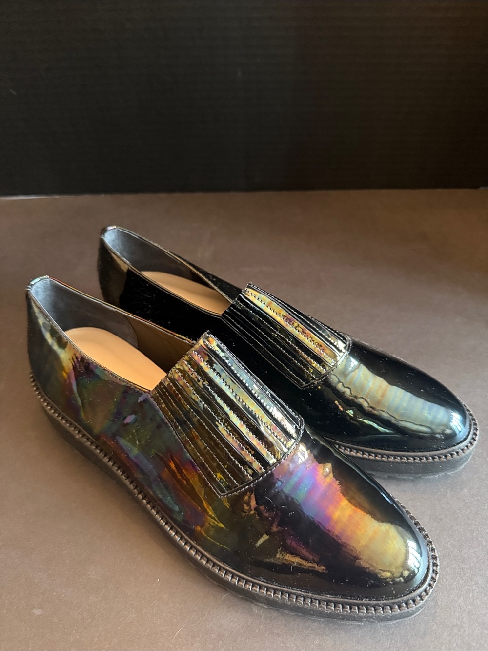 Loeffler Randall Iridescent Black Patent Loafers